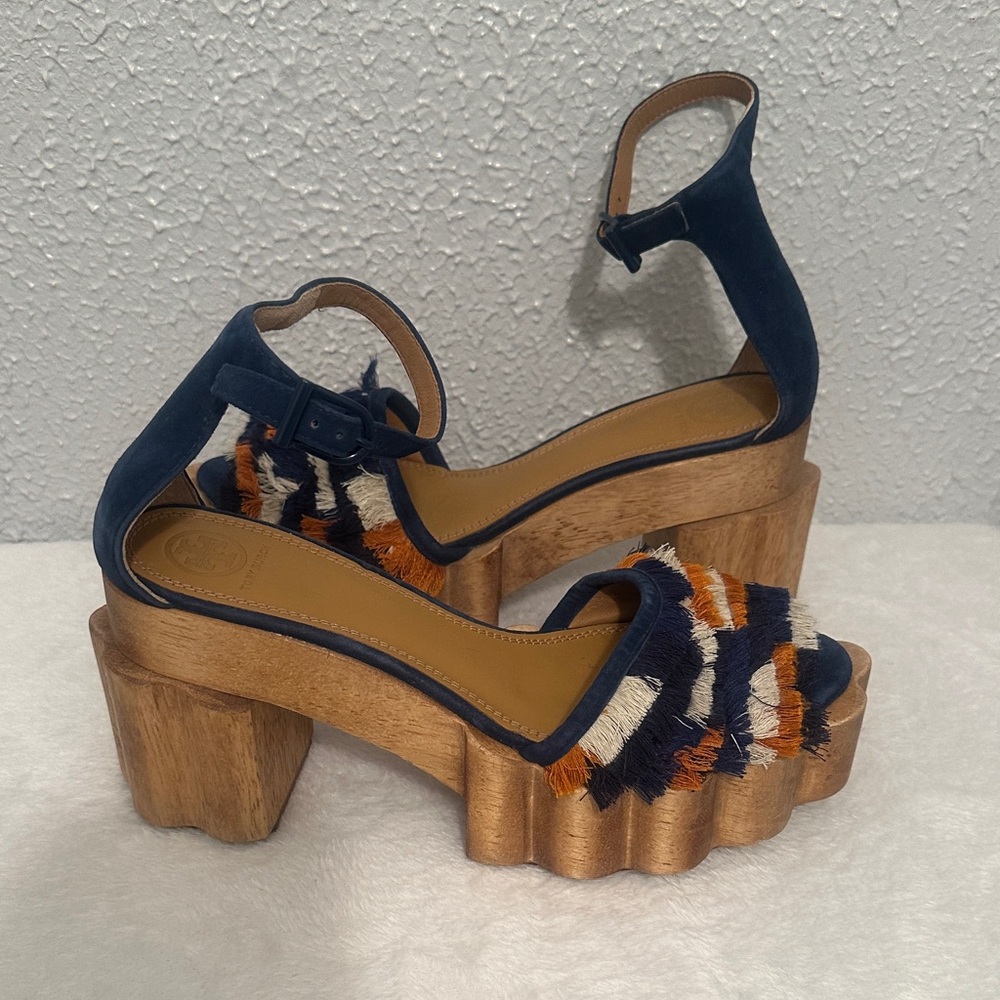 Tory Burch ALMA PLATFORM WOODEN Navy, Orange, and White Sandals, Size : 8.5 - Picture 13 of 14